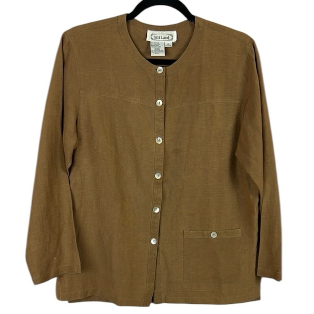 SilkLand Linen Silk Long Sleeve Mother of Pearl Button Down Top Size 12 Petite